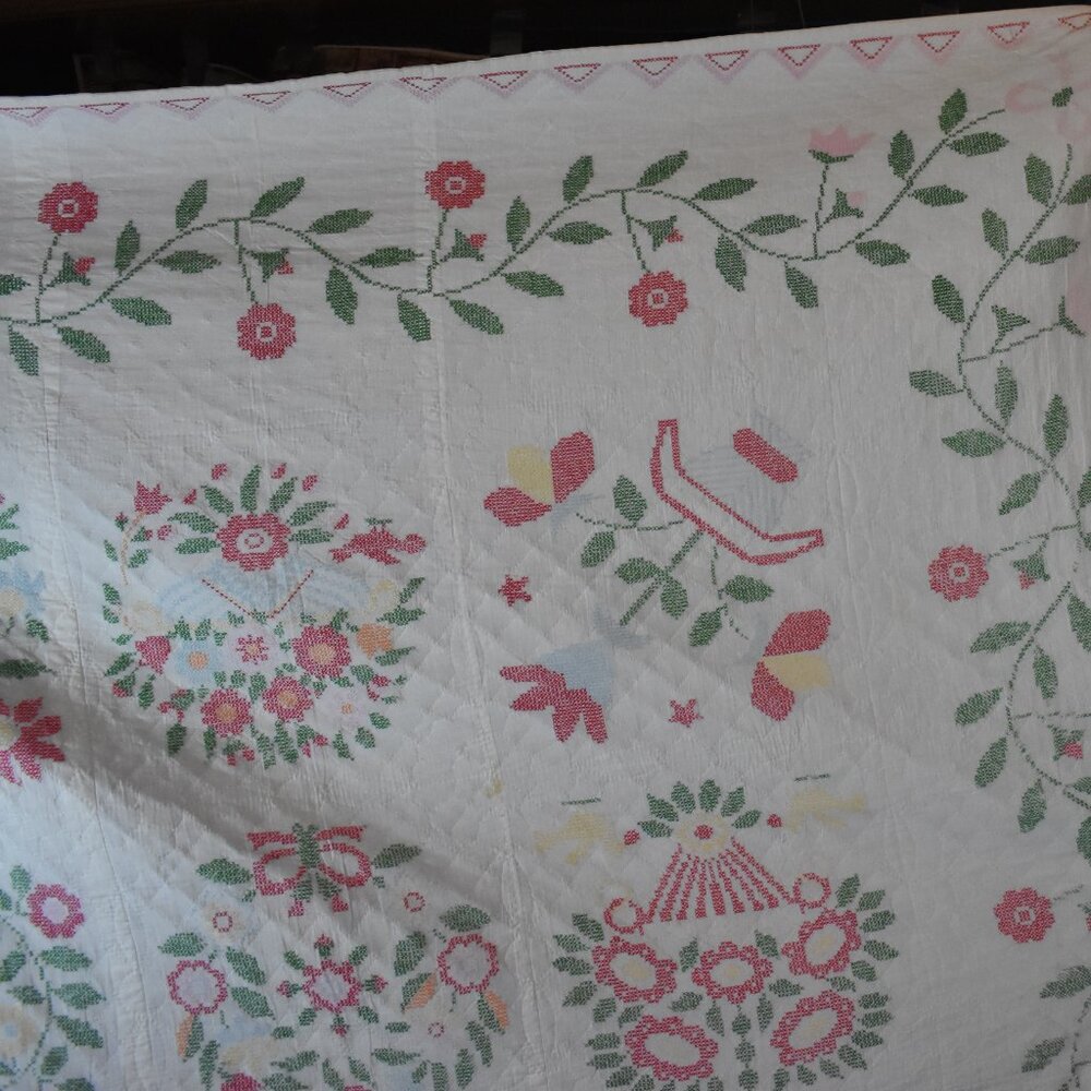 Vintage Handmade Cross Stitched Quilt Embroidered Baltimore Album Quilt 72 X 62 - Picture 8 of 13